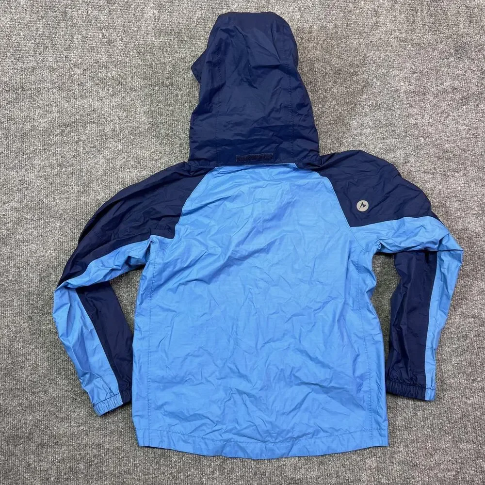 Marmot Jacket Kids XS Blue Colorblock Hooded Rain Coat Nylon Shell Lightweight